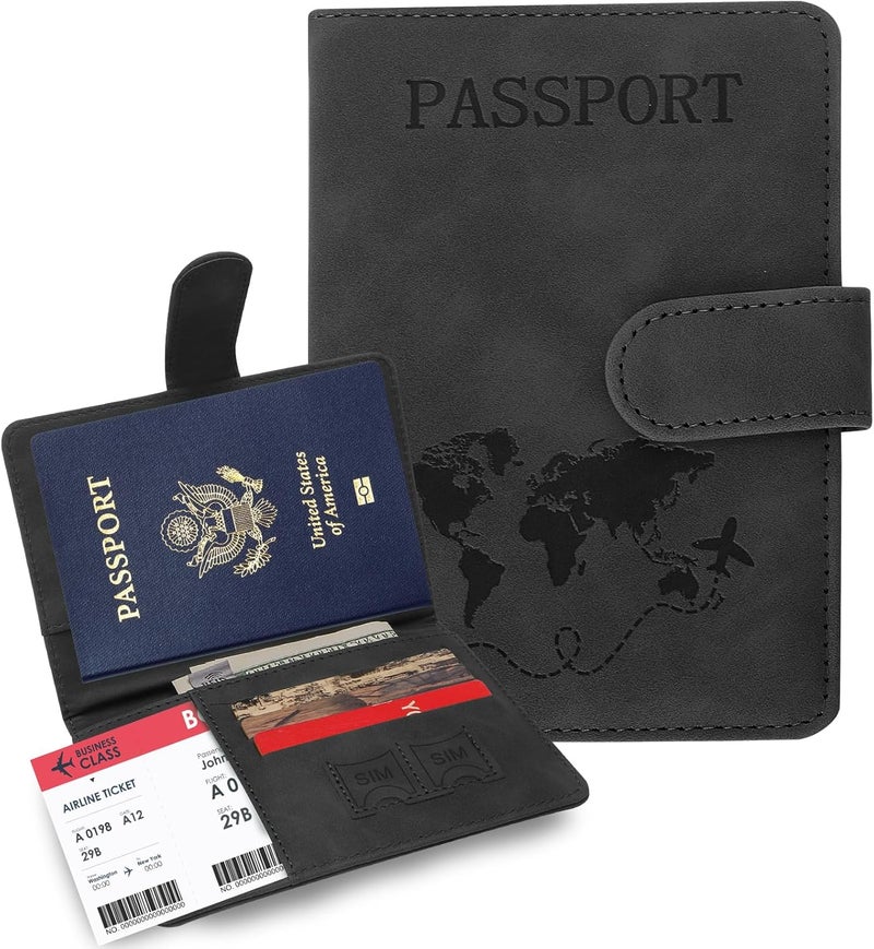 Sovirose Passport Holders, RFID Blocking Credit Card Holder, PU Leather Vaccine Card Holders for Travel with Magnetic Buckle, Travel Must Haves Cruise Ship Essentials for Men, Women (Black) - Image 1